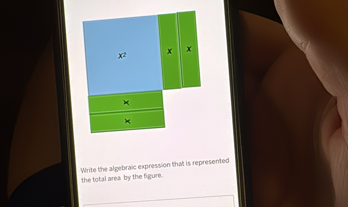 X^2
x x
× 
× 
Write the algebraic expression that is represented 
the total area by the figure.