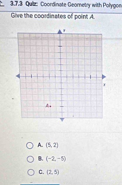 Coordinate Geometry with Polygon
Give the coordinates of point A.
A. (5,2)
B. (-2,-5)
C. (2,5)