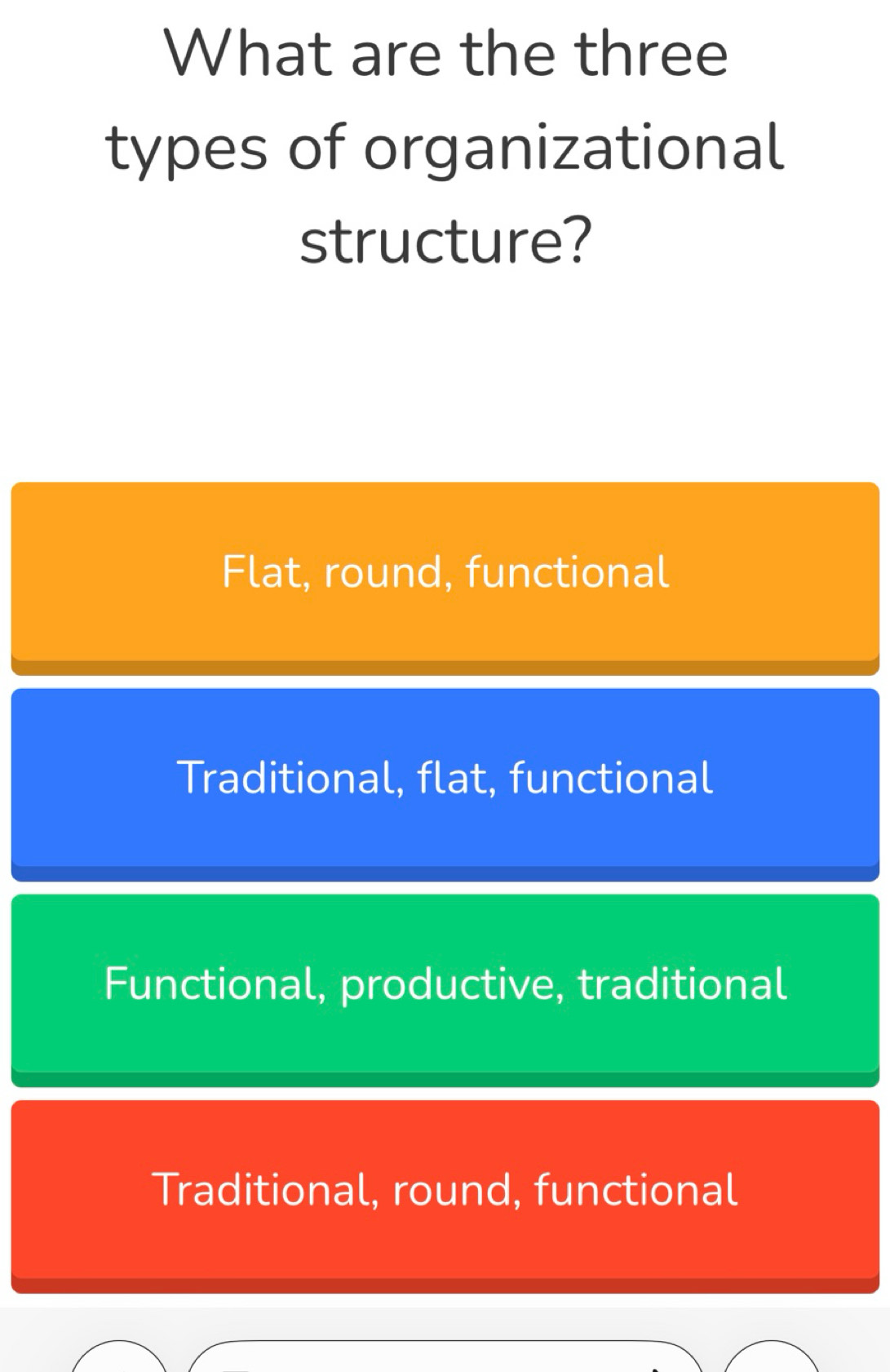 Solved: What are the three types of organizational structure? Flat ...