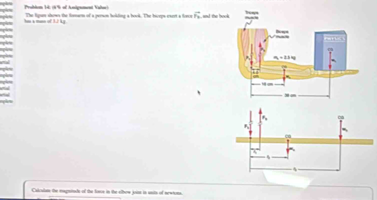 Problem 1: (6 % of Anignment Value)
mpice The ligure shows the forearm of a person holding a book. The biceps exert a force vector F_3 , and the boo
splet hm a musa of 3.2 kg.
` 
è
yiu 
aid 
aal 
splete
Calculate the magnitude of the force in the elbow joint in units of newtons.