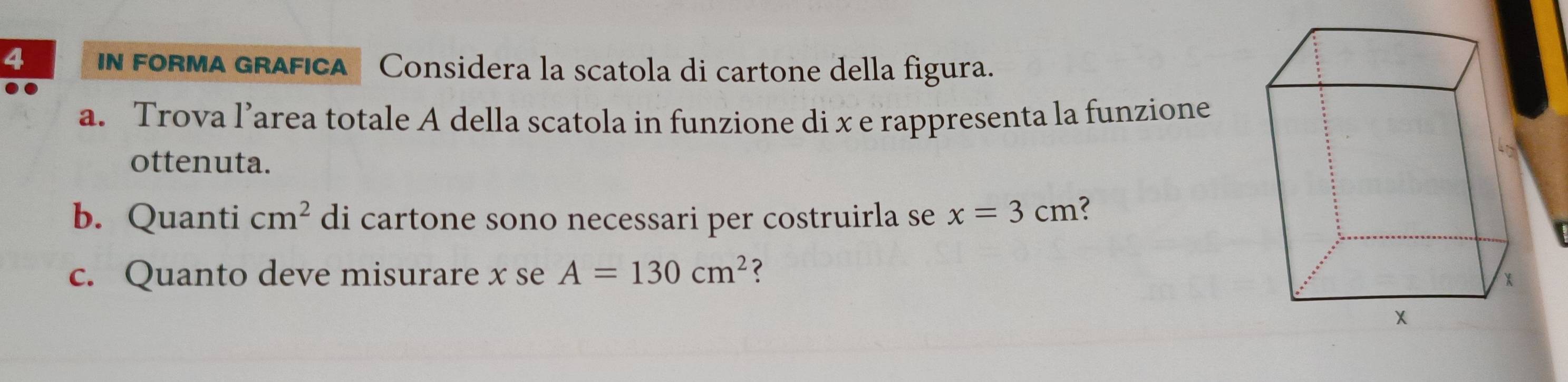 IN FORMA GRAFICA Considera la scatola di cartone della figura. 
a. Trova l’area totale A della scatola in funzione di x e rappresenta la funzione 
ottenuta. 
b. Quanti cm^2 di cartone sono necessari per costruirla se x=3cm ? 
c. Quanto deve misurare x se A=130cm^2