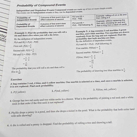 Probability of Compound Events
Independent and Dependent Events Compound events are made up of two or more simple events.
e independent events or they can be dependent events.
Example 1: Find the probability that you will roll a Example 2: A bag contains 3 red marbles, 2 gre
day six and then a five when you roll a die twice. marbles, and 4 blue marbles. Two marbles are drawn
randomly from the bag and not replaced. Find the
By the definition of independent events, probability that both marbles are blue.
a tat on
P(A and B)=P(A)· P(B) By the definition of dependent events,
First roll: P(6)= 1/6  P(A and B)=P(A)· P(B following 4)
Second roll: P(5)= 1/6  First marble: P(blue)= 4/9 
P(6 and 5)=P(6)· P(5) Second marble: P(blue)= 3/8 
= 1/6 ·  1/6  P(blue, blue) = 4/9 ·  3/8 
= 12/72 
= 1/36 
The probability that you will roll a six and then roll a = 1/6 
five is  1/36 .
The probability of drawing two blue marbles is  1/6 .
Exercises
A bag contains 3 red, 4 blue, and 6 yellow marbles. One marble is selected at a time, and once a marble is selected,
it is not replaced. Find each probability.
1. P(2 yellow) 2. P(red, yellow) 3. P(blue, red, yellow)
4. George has two red socks and two white socks in a drawer. What is the probability of picking a red sock and a white
sock in that order if the first sock is not replaced?
5. Phyllis drops a penny in a pond, and then she drops a nickel in the pond. What is the probability that both coins land
with tails showing?
6. A die is rolled and a penny is dropped. Find the probability of rolling a two and showing a tail.