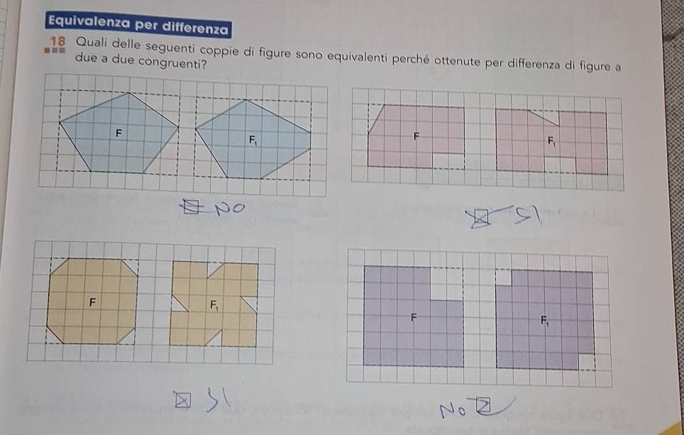 Equivalenza per differenza
=  
18 Quali delle seguenti coppie di figure sono equivalenti perché ottenute per differenza di figure a
due a due congruenti?