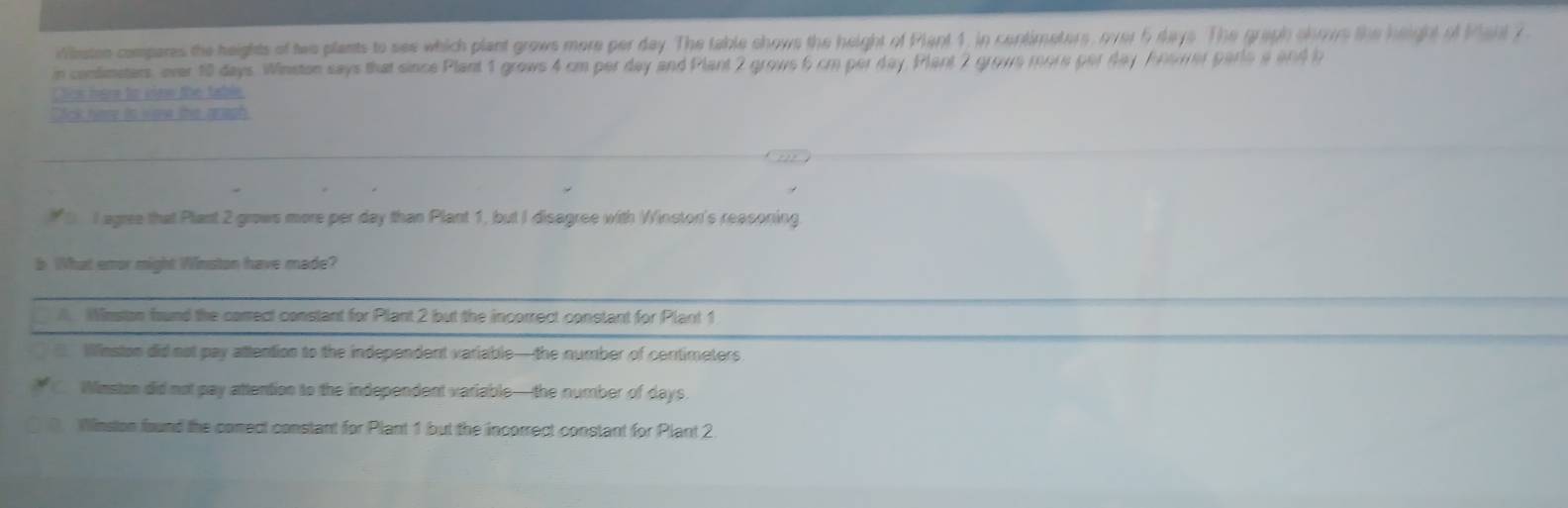 vibuten compares the heights of two plants to see which plant grows more per day. The table shows the height of Plant 1, in contimeters, over 5 days. The gragh shows the height of Mant 7
in contimsters, over 10 days. Winston says that since Plant 1 grows 4 cm per day and Plant 2 grows 6 cm per day. Plant 2 grows more per day Roomer parls a and b
hes here to vlaw the table
Tfick here its wa the graph
#I agree that Plant 2 grows more per day than Plant 1, but I disagree with Winston's reasoning
b What emor might Winston have made?
. Winston found the comect constant for Plant 2 but the incorrect constant for Plant 1
Winston did not pay attention to the independent variable—the number of centimeters
Winston did not pay attention to the independent variable—the number of days.
Winston found the conect constant for Plant 1 but the incorrect constant for Plant 2