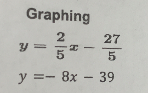 Graphing
y= 2/5 x- 27/5 
y=-8x-39