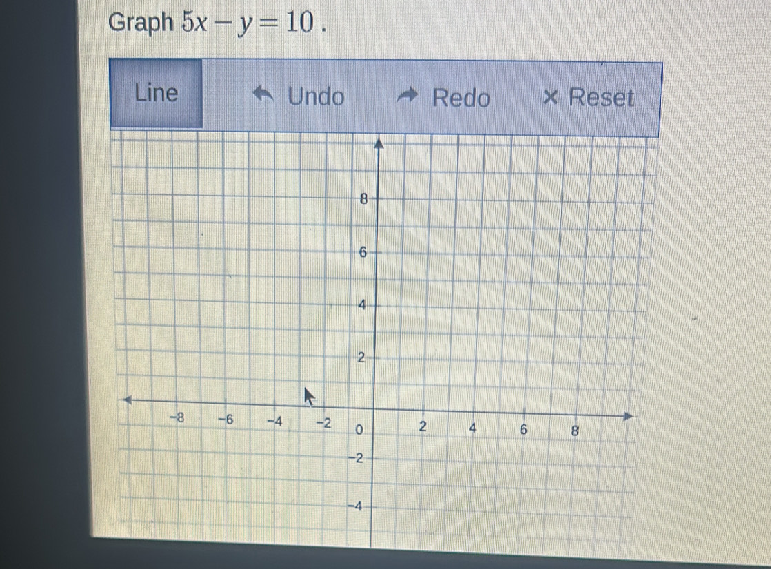 Graph 5x-y=10. 
Line Undo Redo × Reset