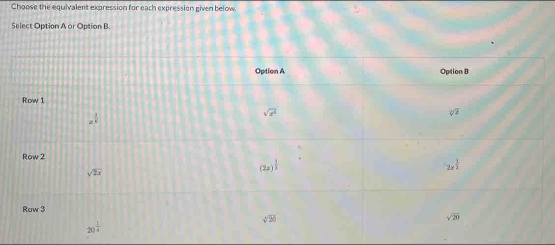 Choose the equivalent expression for each expression given below.
Select Option A or Option B.