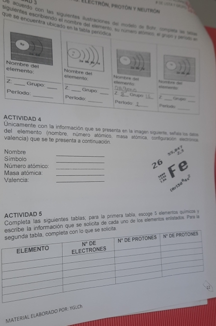 AB 5 P electrón, protón y neutrón
da acuerdo con las siguientes ilustraciones del modelo de B
siguientes escribiendo el nombre del eleme
que se encuentra ubicado e
A
Unicamente con la información que se presenta en la imagen siguiente, señala los deos
del elemento (nombre, número atómico, masa atómica, configuración electrónica
valencia) que se te presenta a continuación.
_
Nombre
5
Simbolo 26
Número atómico: __Fe
Masa atómica:_
Valencia:
_
r)3d^64s^2
ACTIVIDAD 5
Completa las siguientes tablas; para la primera tabla, escoge 5 elementos químicos y
n que se solicita de cada uno de los elementos enlistados. Para la
MATERIAL ELABORADO POR: YGLCh