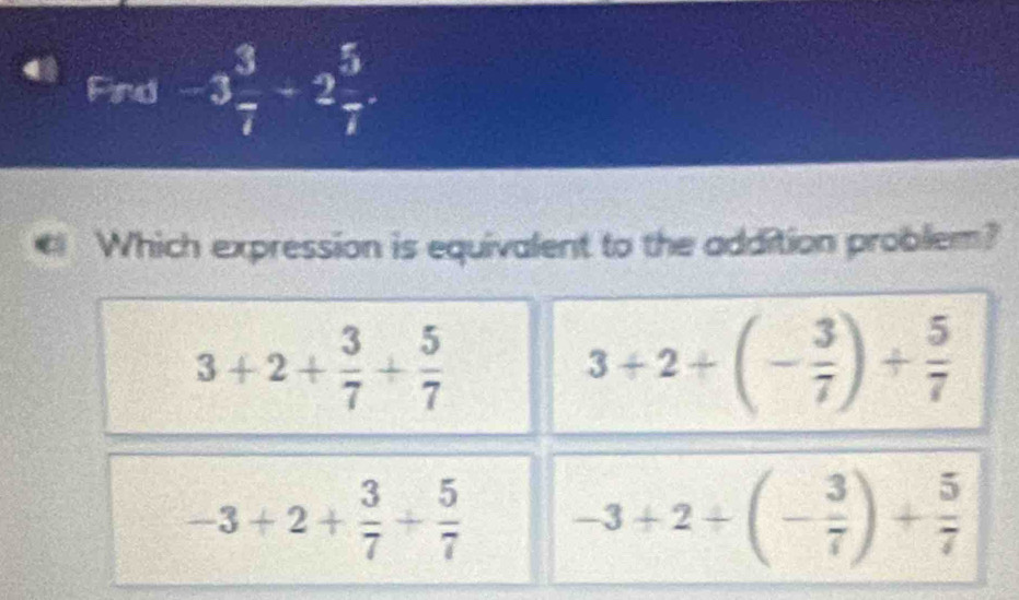 Find -3 3/7 -2 5/7 . 
Which expression is equivalent to the addition problem?
3+2+ 3/7 + 5/7 
3+2+(- 3/7 )+ 5/7 
-3+2+ 3/7 + 5/7  -3+2+(- 3/7 )+ 5/7 