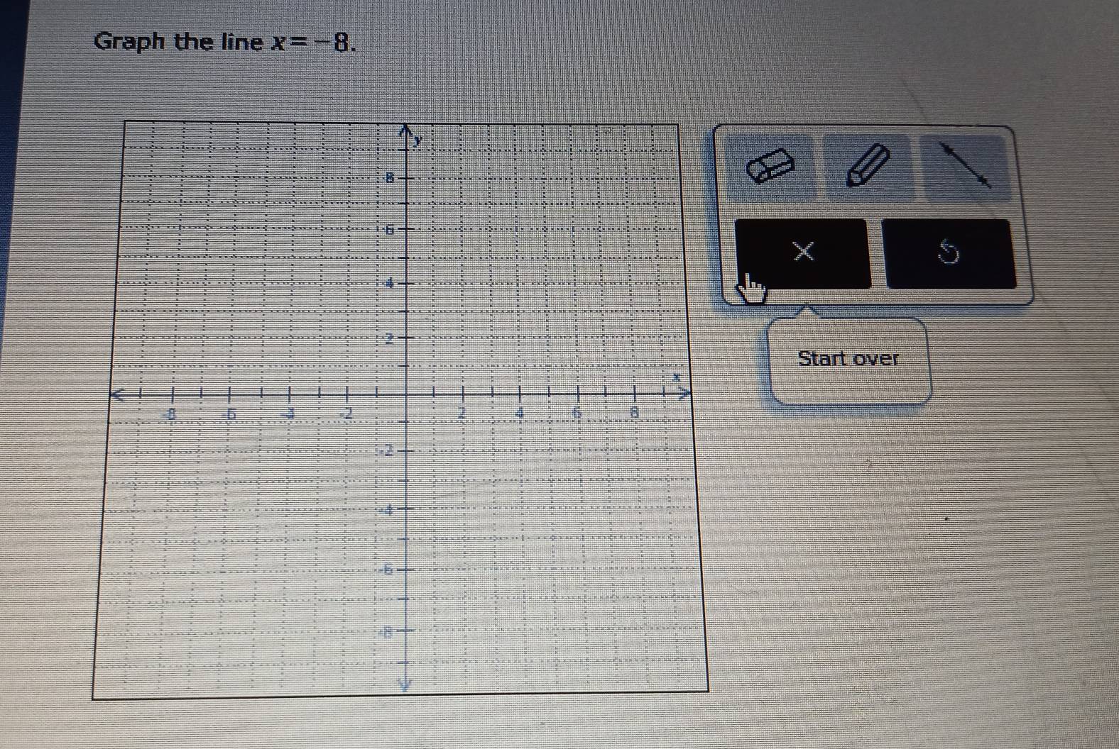 Graph the line x=-8.
X
S 
Start over