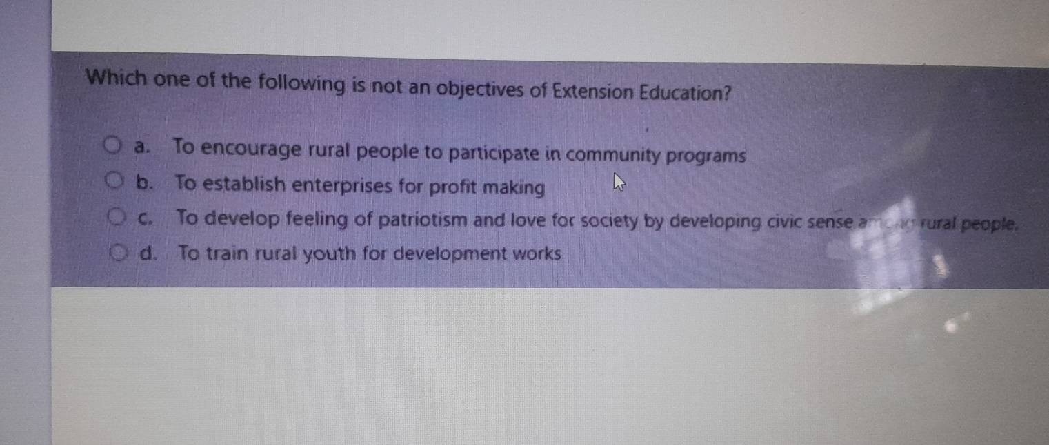 Which one of the following is not an objectives of Extension Education?
a. To encourage rural people to participate in community programs
b. To establish enterprises for profit making
c. To develop feeling of patriotism and love for society by developing civic sense aming rural people.
d. To train rural youth for development works