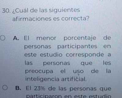 ¿Cuál de las siguientes
afirmaciones es correcta?
A. El menor porcentaje de
personas participantes en
este estudio corresponde a
las personas que les
preocupa el uso de la
inteligencia artificial.
B. El 23% de las personas que
participaron en este estudio