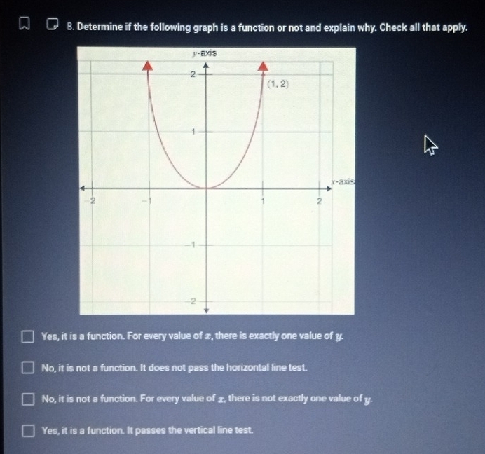 Determine if the following graph is a function or not and explain why. Check all that apply.
Yes, it is a function. For every value of 2, there is exactly one value of y.
No, it is not a function. It does not pass the horizontal line test.
No, it is not a function. For every value of £, there is not exactly one value of y.
Yes, it is a function. It passes the vertical line test.