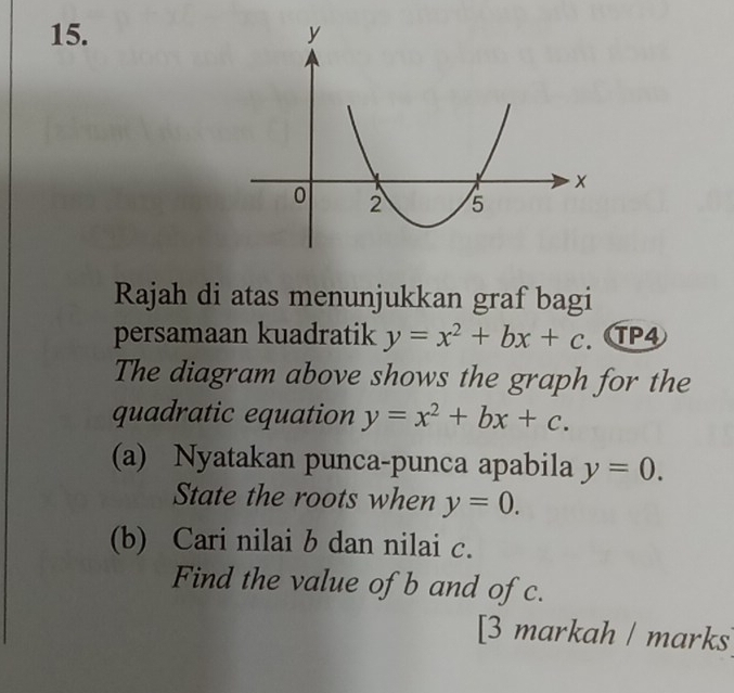 Rajah di atas menunjukkan graf bagi 
persamaan kuadratik y=x^2+bx+c. TP4 
The diagram above shows the graph for the 
quadratic equation y=x^2+bx+c. 
(a) Nyatakan punca-punca apabila y=0. 
State the roots when y=0. 
(b) Cari nilai b dan nilai c. 
Find the value of b and of c. 
[3 markah / marks