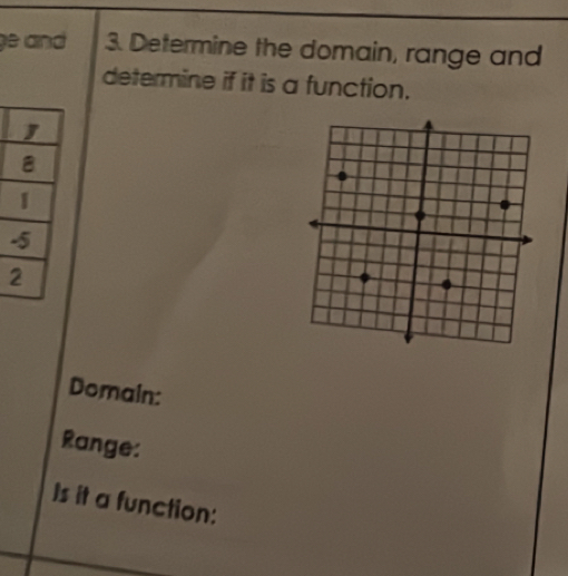 ge and 3. Determine the domain, range and 
determine if it is a function. 
- 
Domain: 
Range: 
Is it a function: