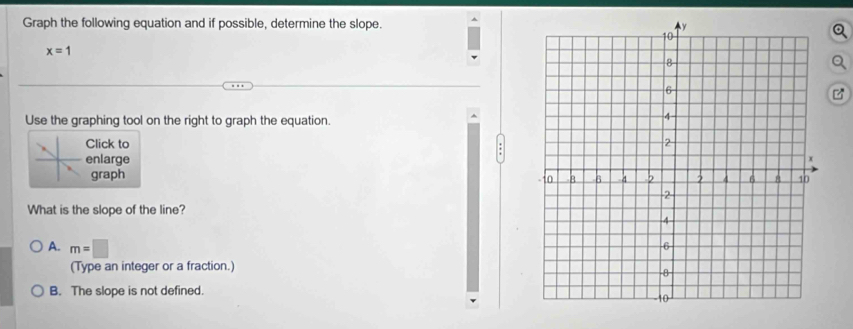 Graph the following equation and if possible, determine the slope.
x=1
Use the graphing tool on the right to graph the equation.
Click to 
enlarge
graph 
What is the slope of the line?
A. m=□
(Type an integer or a fraction.)
B. The slope is not defined.