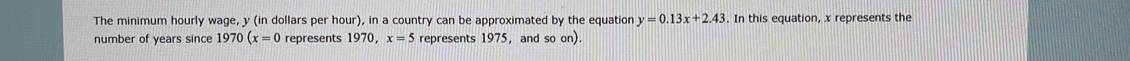 The minimum hourly wage, y (in dollars per hour), in a country can be approximated by the equation y=0.13x+2.43. In this equation, x represents the 
number of years since 1970(x=0 represents 1970, x=5 represents 1975, and so on).