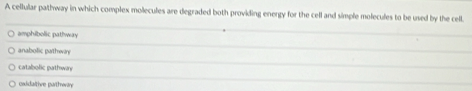 A cellular pathway in which complex molecules are degraded both providing energy for the cell and simple molecules to be used by the cell.
amphibolic pathway
anabolic pathway
catabolic pathway
oxidative pathway