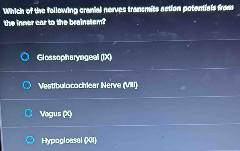 Which of the following cranial nerves transmits action potentials from
the inner ear to the brainstem?
Glossopharyngeal (IX)
Vestibulocochlear Nerve (VIII)
Vagus (X)
Hypoglossal (XII)