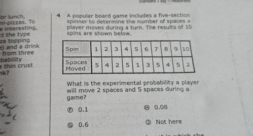 or lunch, 4 A popular board game includes a five-section
ni-pizzas. To spinner to determine the number of spa es 
e interesting, player moves during a turn. The results of 10
t the type spins are shown below.
e) and a drink za topping
from three 
bability 
thin crust
nk? 
What is the experimental probability a player
will move 2 spaces and 5 spaces during a
game?
0.1 0.08
0.6 ③ Not here