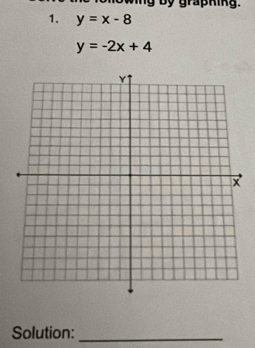 wing by graphing.
1. y=x-8
y=-2x+4
Solution:_