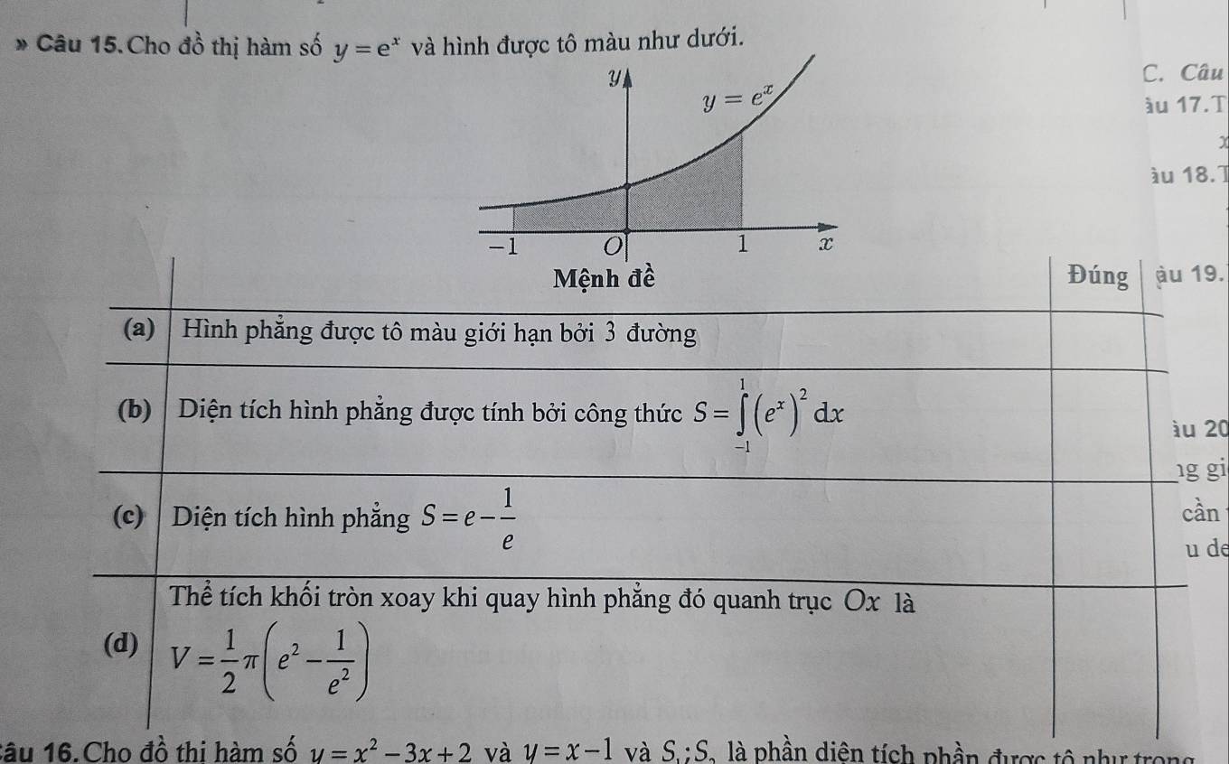 Câu 15.Cho đồ thị hàm số y=e^x và hình được tô màu như dưới.
C. Câu
àu 17.T
X
àu 18.]
Đúng àu 19.
(a) Hình phẳng được tô màu giới hạn bởi 3 đường
(b)   Diện tích hình phẳng được tính bởi công thức S=∈tlimits _(-1)^1(e^x)^2dx
àu 20
ng gi
(c)  Diện tích hình phẳng S=e- 1/e  cần
u de
Thể tích khối tròn xoay khi quay hình phẳng đó quanh trục Ox là
(d) V= 1/2 π (e^2- 1/e^2 )
tâu 16.Cho đồ thi hàm số y=x^2-3x+2 và v=x-1 và S. :S. là phần diên tích phần được tô như trong