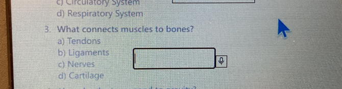 c) Circulatory System
d) Respiratory System
3. What connects muscles to bones?
a) Tendons
b) Ligaments
c) Nerves
d) Cartilage