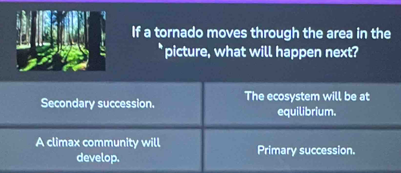 If a tornado moves through the area in the
picture, what will happen next?
The ecosystem will be at
Secondary succession.
equilibrium.
A climax community will
develop.
Primary succession.