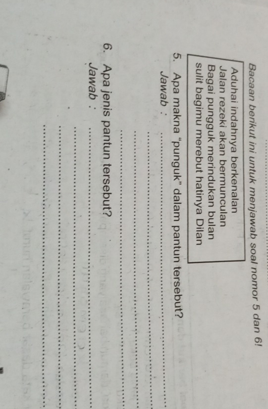 Bacaan berikut ini untuk menjawab soal nomor 5 dan 6! 
Aduhai indahnya berkenalan 
Jalan rezeki akan bermunculan 
Bagai pungguk merindukan bulan 
sulit bagimu merebut hatinya Dilan 
5. Apa makna “punguk” dalam pantun tersebut? 
Jawab : 
_ 
_ 
_ 
_ 
6. Apa jenis pantun tersebut? 
Jawab :_ 
_ 
_ 
_