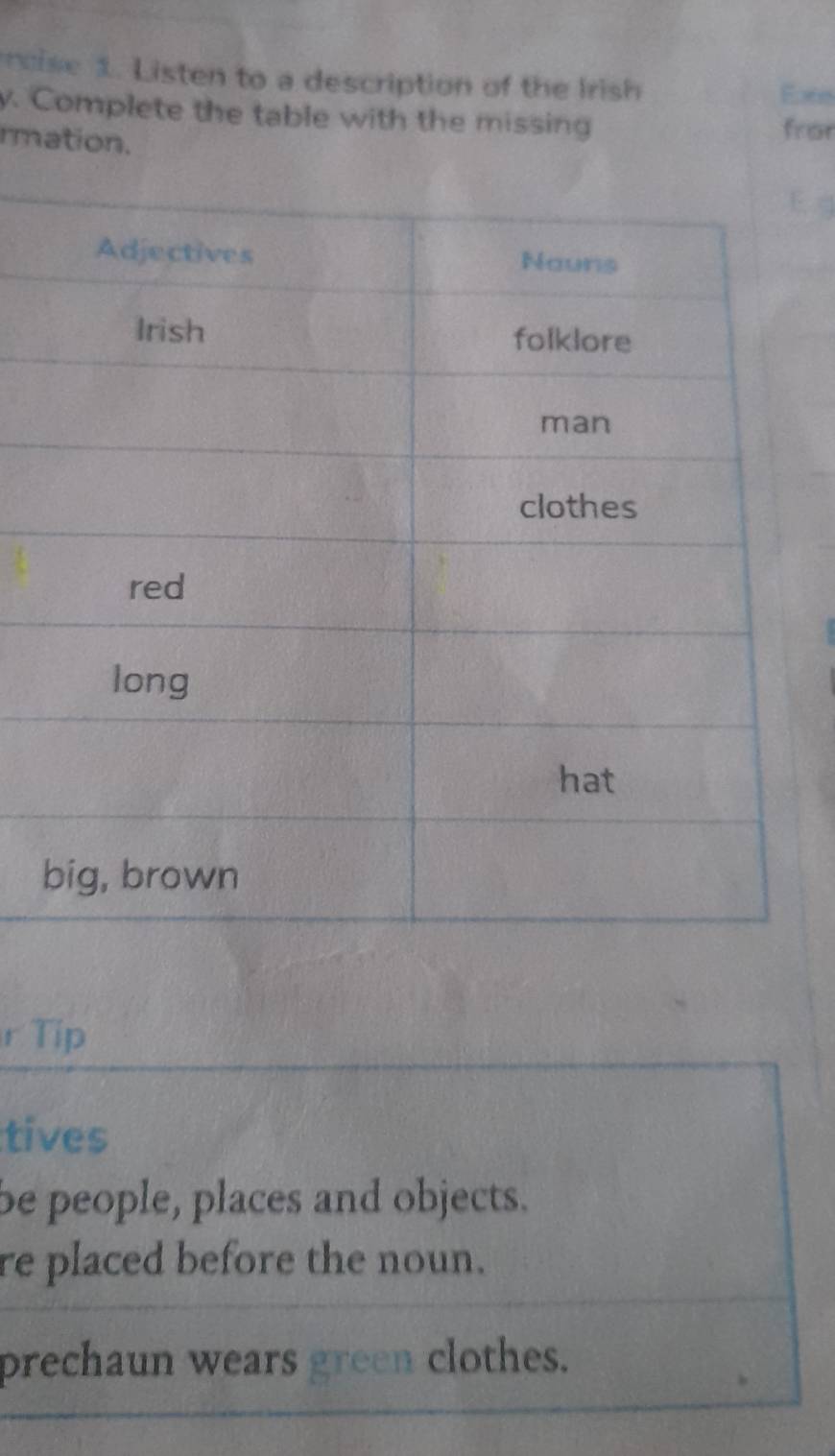 ncise 1. Listen to a description of the Irish 
Eane 
y. Complete the table with the missing 
rmation. 
fror 
Ed 
r Tip 
tives 
be people, places and objects. 
re placed before the noun. 
prechaun wears green clothes.