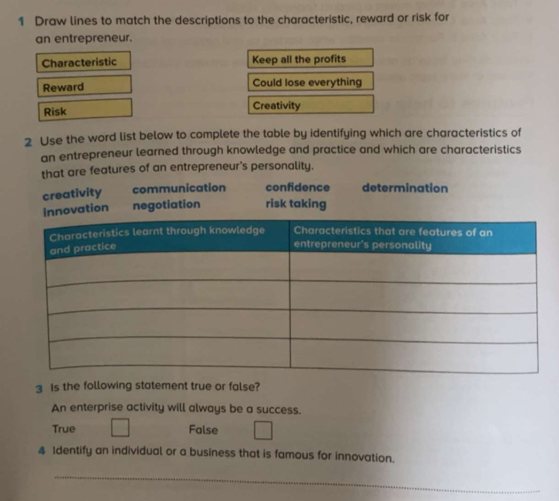 Draw lines to match the descriptions to the characteristic, reward or risk for
an entrepreneur.
Characteristic Keep all the profits
Reward Could lose everything
Risk Creativity
2 Use the word list below to complete the table by identifying which are characteristics of
an entrepreneur learned through knowledge and practice and which are characteristics
that are features of an entrepreneur's personality.
creativity communication confidence determination
negotiation
risk taking
3 Is the following statement true or false?
An enterprise activity will always be a success.
True False
4 Identify an individual or a business that is famous for innovation.
_