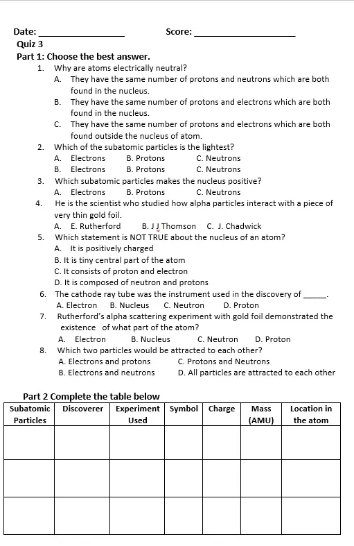 Date: Score:
Quiz 3
Part 1: Choose the best answer.
1. Why are atoms electrically neutral?
A. They have the same number of protons and neutrons which are both
found in the nucleus.
B. They have the same number of protons and electrons which are both
found in the nucleus.
C. They have the same number of protons and electrons which are both
found outside the nucleus of atom.
2. Which of the subatomic particles is the lightest?
A. Electrons B. Protons C. Neutrons
B. Electrons B. Protons C. Neutrons
3. Which subatomic particles makes the nucleus positive?
A. Electrons B. Protons C. Neutrons
4. He is the scientist who studied how alpha particles interact with a piece of
very thin gold foil.
A. E. Rutherford B. J J Thomson C. J. Chadwick
5. Which statement is NOT TRUE about the nucleus of an atom?
A. It is positively charged
B. It is tiny central part of the atom
C. It consists of proton and electron
D. It is composed of neutron and protons
6. The cathode ray tube was the instrument used in the discovery of
_
A. Electron B. Nucleus C. Neutron D. Proton
7. Rutherford’s alpha scattering experiment with gold foil demonstrated the
existence of what part of the atom?
A. Electron B. Nucleus C. Neutron D. Proton
8. Which two particles would be attracted to each other?
A. Electrons and protons C. Protons and Neutrons
B. Electrons and neutrons D. All particles are attracted to each other