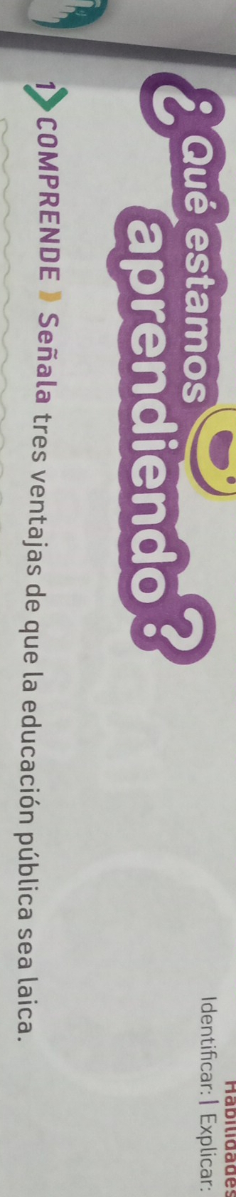 Habilidades 
Qué estamos 
aprendiendo? 
Identificar:| Explicar: 
1>COMPRENDE 》 Señala tres ventajas de que la educación pública sea laica.