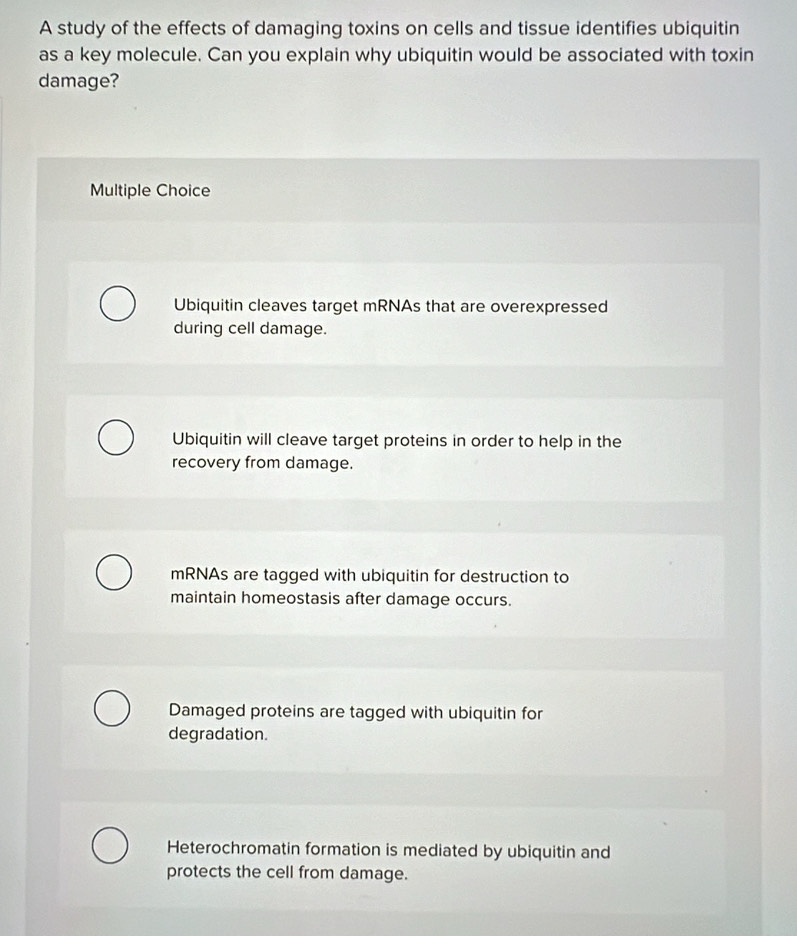A study of the effects of damaging toxins on cells and tissue identifies ubiquitin
as a key molecule. Can you explain why ubiquitin would be associated with toxin
damage?
Multiple Choice
Ubiquitin cleaves target mRNAs that are overexpressed
during cell damage.
Ubiquitin will cleave target proteins in order to help in the
recovery from damage.
mRNAs are tagged with ubiquitin for destruction to
maintain homeostasis after damage occurs.
Damaged proteins are tagged with ubiquitin for
degradation.
Heterochromatin formation is mediated by ubiquitin and
protects the cell from damage.