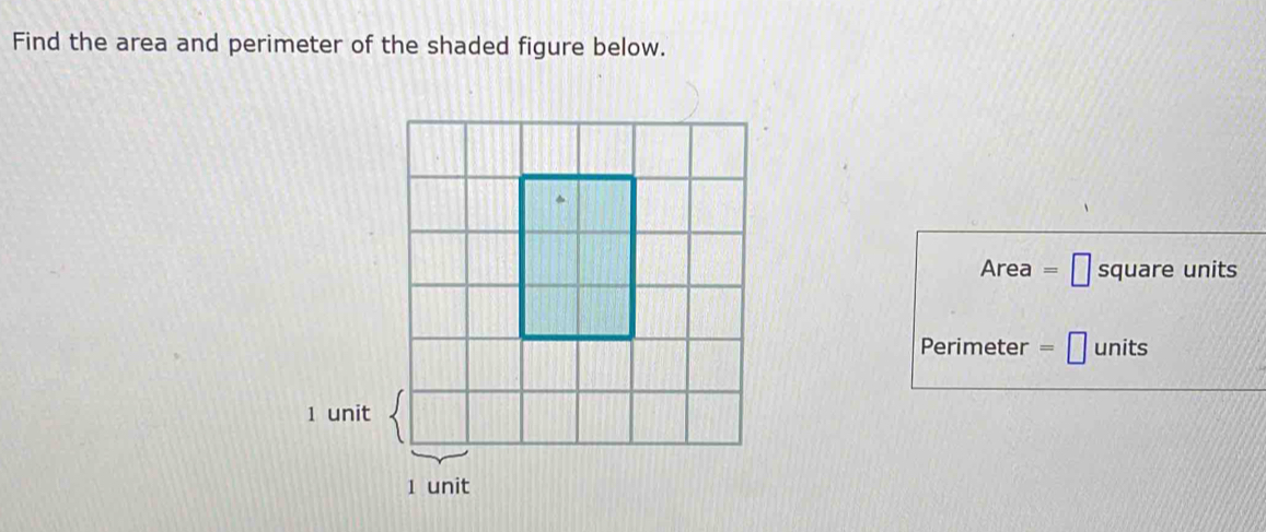 Find the area and perimeter of the shaded figure below.
Area =□ square units
Perimeter =□ units