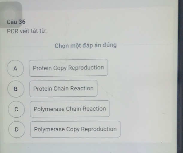 PCR viết tắt từ:
Chọn một đáp án đúng
A Protein Copy Reproduction
B Protein Chain Reaction
C Polymerase Chain Reaction
D Polymerase Copy Reproduction