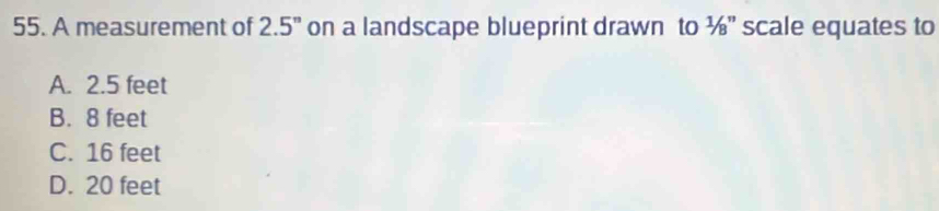 A measurement of 2.5" on a landscape blueprint drawn to ½" scale equates to
A. 2.5 feet
B. 8 feet
C. 16 feet
D. 20 feet