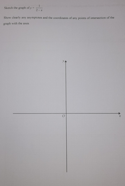 Sketch the graph of y= 1/2-x 
Show clearly any asymptotes and the coordinates of any points of intersection of the 
graph with the axes.
x