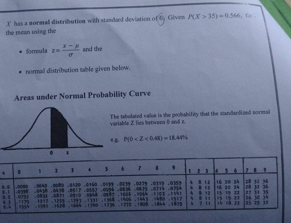 has a normal distribution with standard deviation of 6. Given P(X>35)=0.566 ，fin 
the mean using the
formula z= (x-mu )/sigma   and the
normal distribution table given below.
Areas under Normal Probability Curve
tabulated value is the probability that the standardized normal
able Z lies between 0 and z.
. P(0
z
0
0
0
0