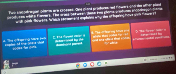 Two snapdragon plants are crossed. One plant produces red flowers and the other plant
produces white flowers. The cross between these two plants produces snapdragon plants
with pink flowers. Which statement explains why the offspring have pink flowers?
A. The offspring have two C. The flower color is B. The offspring have one D. The flower color is
allele that codes for red
copies of the allele that determined by the and one allele that codes environmental conditions. determined by
codes for pink. dominant parent. for white.
jì dà nun
Sergio