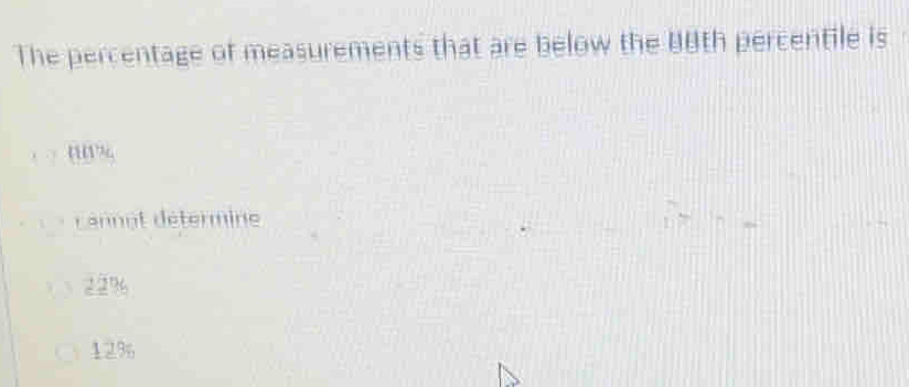 The percentage of measurements that are below the 88th percentile is
nn%
cannot détermine
22%
12%