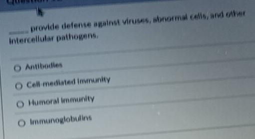 provide defense against viruses, abnormal cells, and other
intercellular pathogens.
Antibodies
Cell-mediated immunity
Humoral immunity
Immunoglobulins