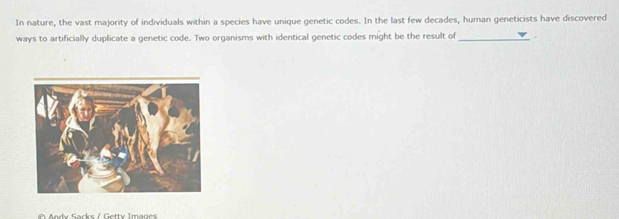 In nature, the vast majority of individuals within a species have unique genetic codes. In the last few decades, human geneticists have discovered 
ways to artificially duplicate a genetic code. Two organisms with identical genetic codes might be the result of _. 
Andv Sacks / Gettv Images