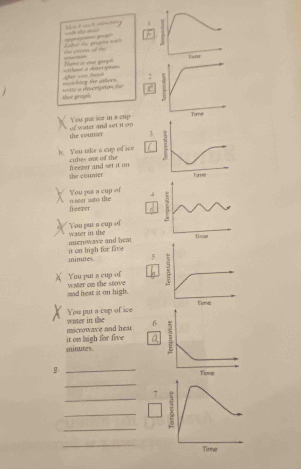 Match each citsnery 
p g g 
the creus of the Lishol the grapia wnh 
There is oe grg v 
Tiome 
Aftr you thrish atou a deser a 
mowhing the others. 
write a description for 
tha) graph 
You put ice in a cup Time 
of water and set it on 
the counter 3
b You take a cup of ice 
cubes out of the 
freezer and set it on 
the counter. Time 
You put a cup of 4
water into the 
freezer 
You put a cup of 
water in the 
microwave and heat Time 
it on high for five
minutes. 
5 
You put a cup of 
water on the stove 
and heat it on high. 
Time 
You put a cup of ice 
water in the 
microwave and heat 6 
it on high for five D 
minutes. 
_ 
Time 
_ 
_ 
7 
_ 
_ 
_ 
_ 
Time