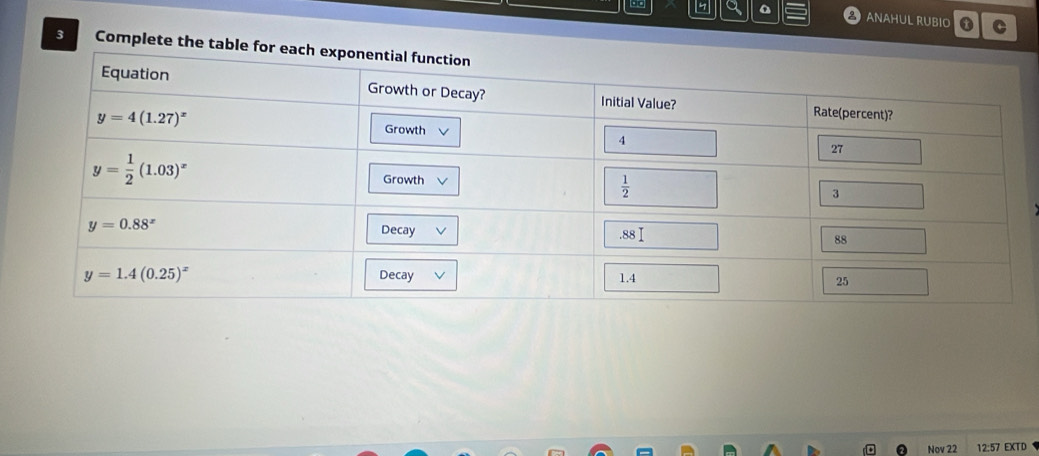 a ANAHUL RUBIO C
3 Complete the table for
Nov 22 12:57 EXTD