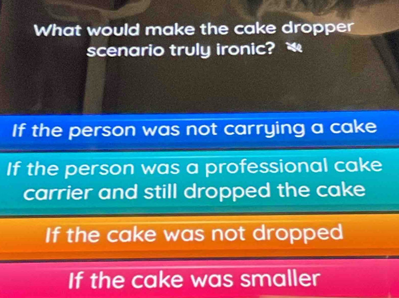 What would make the cake dropper
scenario truly ironic?
If the person was not carrying a cake
If the person was a professional cake
carrier and still dropped the cake
If the cake was not dropped
If the cake was smaller