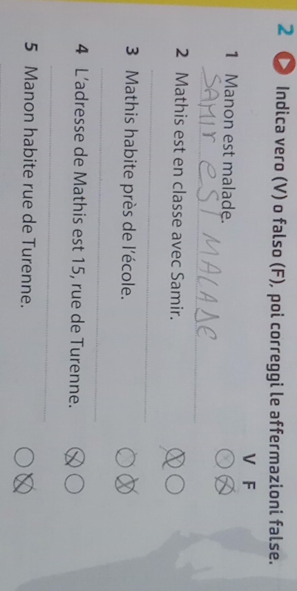 2 〇 Indica vero (V) o falso (F), poi correggi le affermazioni false. 
V F 
1 Manon est malade. 
_ 
2 Mathis est en classe avec Samir. 
_ 
3 Mathis habite près de l'école. 
_ 
4 L’adresse de Mathis est 15, rue de Turenne. 
_ 
5 Manon habite rue de Turenne.