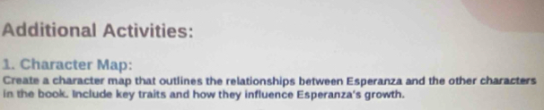 Additional Activities: 
1. Character Map: 
Create a character map that outlines the relationships between Esperanza and the other characters 
in the book. Include key traits and how they influence Esperanza's growth.