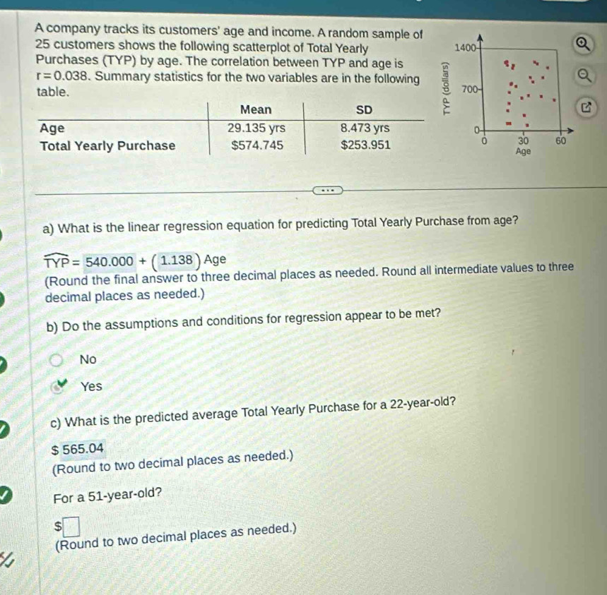 A company tracks its customers' age and income. A random sample of
25 customers shows the following scatterplot of Total Yearly 1400
Purchases (TYP) by age. The correlation between TYP and age is
r=0.038. Summary statistics for the two variables are in the following 5
table. 700 -
0
0 30 60
Age
a) What is the linear regression equation for predicting Total Yearly Purchase from age?
widehat TYP=540.000+(1.138)Age
(Round the final answer to three decimal places as needed. Round all intermediate values to three
decimal places as needed.)
b) Do the assumptions and conditions for regression appear to be met?
No
Yes
c) What is the predicted average Total Yearly Purchase for a 22-year -old?
$ 565.04
(Round to two decimal places as needed.)
For a 51-year -old?
$□
(Round to two decimal places as needed.)