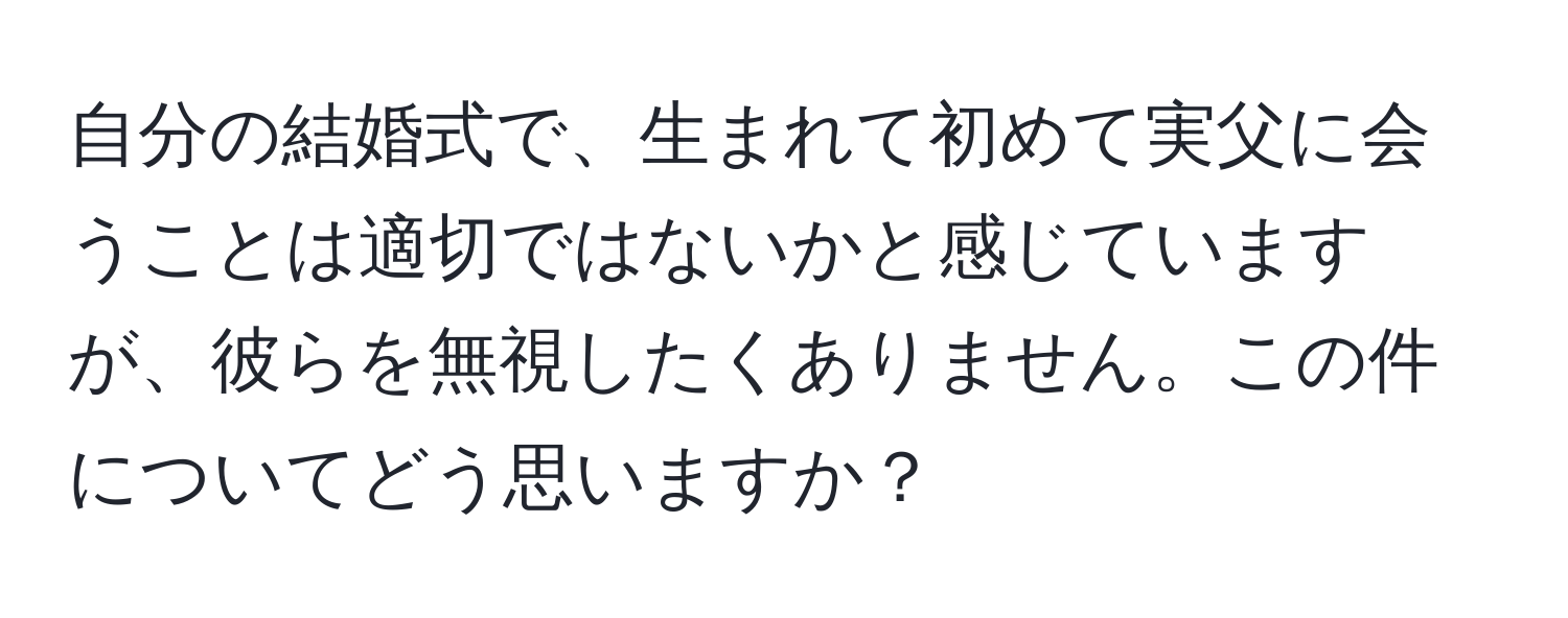 自分の結婚式で、生まれて初めて実父に会うことは適切ではないかと感じていますが、彼らを無視したくありません。この件についてどう思いますか？